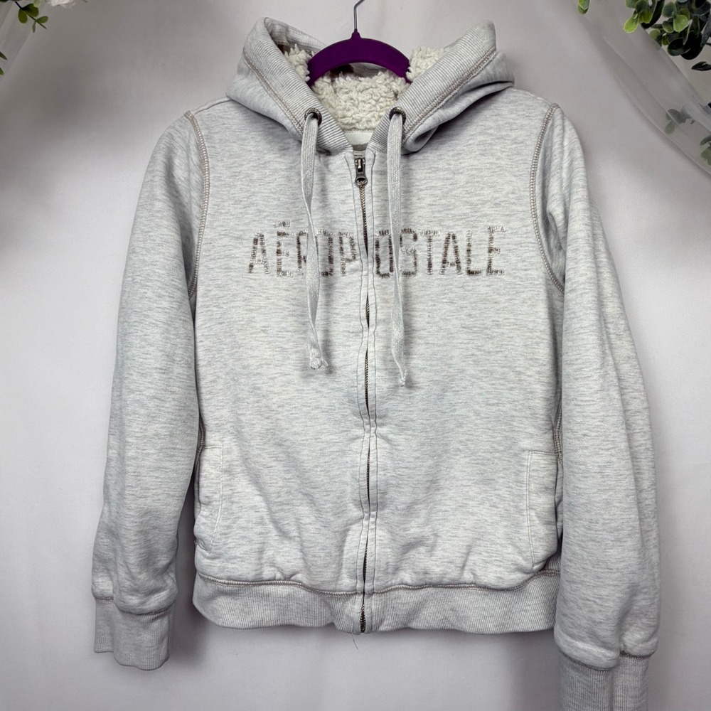 Aeropostale Womens Heather Gray Faux Fur Lined Beaded Logo Zip Up Hoodie Large